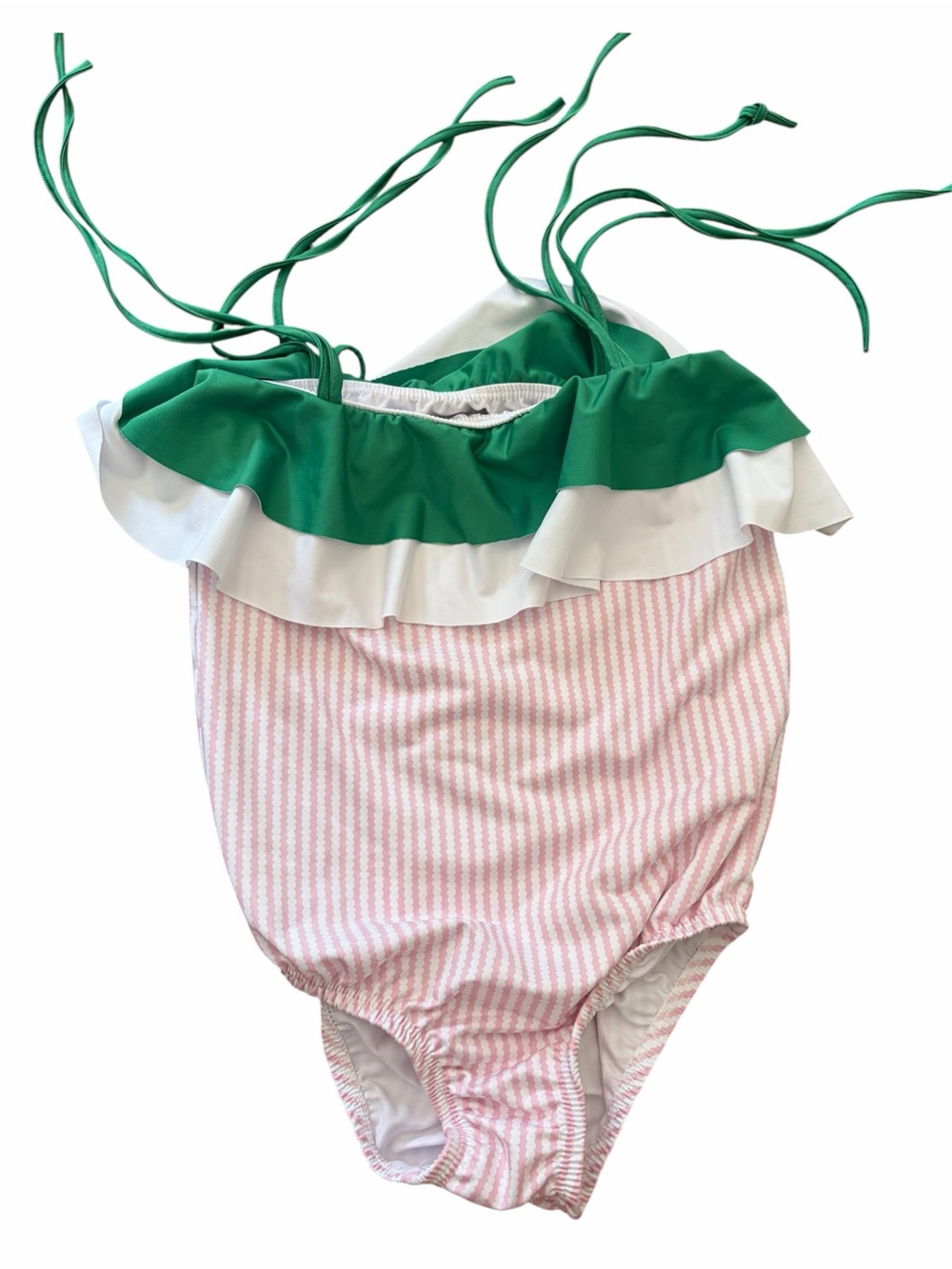 Pink and white One-Piece Swimsuit with Green & White Ruffle